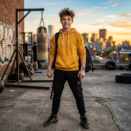 Teenage Boy with Spiky Brown Hair and Striking Blue Eyes | Positive Aura & Determination