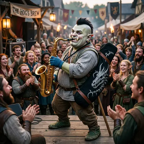 Male Half-Orc Entertainer with Violet Eyes and Large Tusks