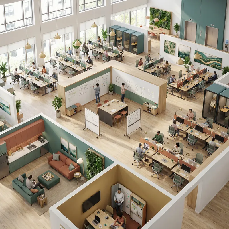 Innovative Single-floor Office Design with Collaborative Spaces and Quiet Zones