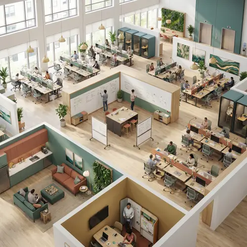 Open Floor Plan Office Design with Collaborative Spaces and Quiet Zones
