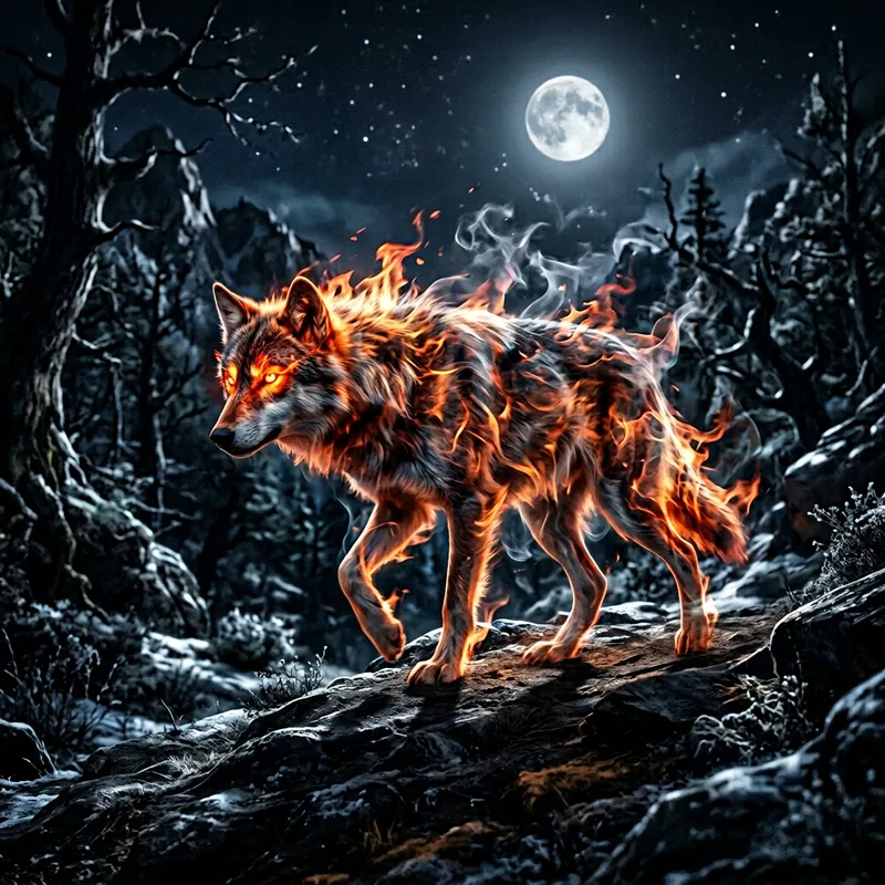 Transparent Wolf Assassin: Flame Body Under Moonlight