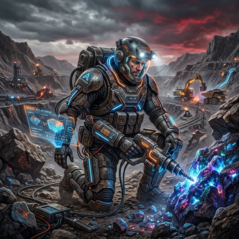 Futuristic Miner in Enigmatic Landscape | Advanced Mining Gear