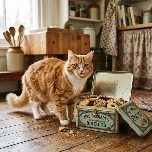 Tabby Cat Enjoying Crunchy Biscuits in Cozy Kitchen
