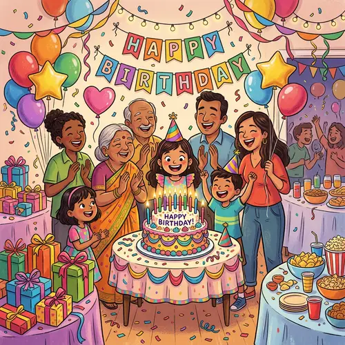 Colorful Birthday Party Celebration with Cake & Balloons