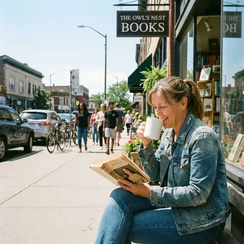 Middle-Aged Woman Enjoying Coffee and Reading in Urban Setting