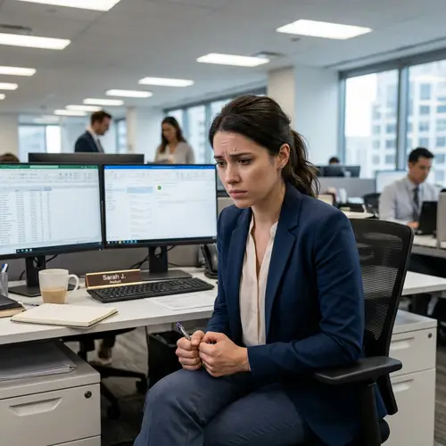 Workplace Harassment: Distressed Female Character in Professional Office