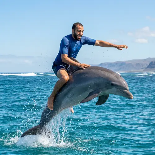 Middle-Eastern Man Joyfully Riding Dolphin in Clear Blue Sky