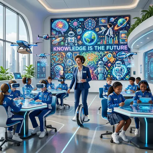 Future School Classroom with Flying Robots and VR