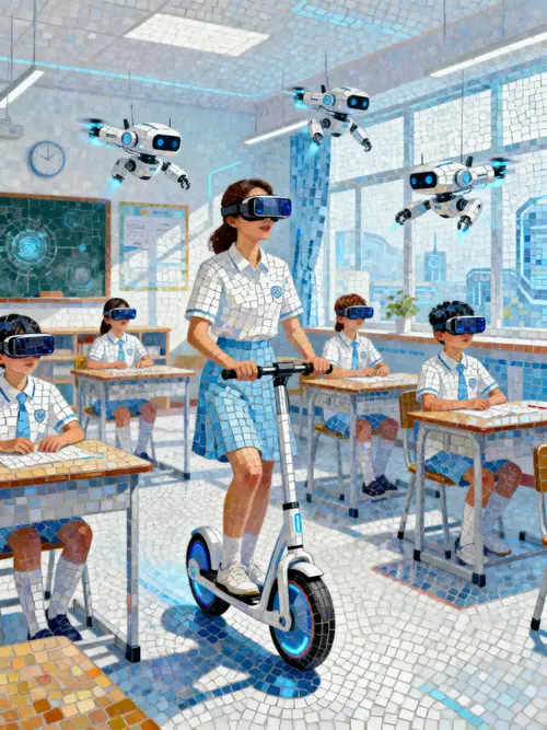 Future School Classroom with Flying Robots and VR