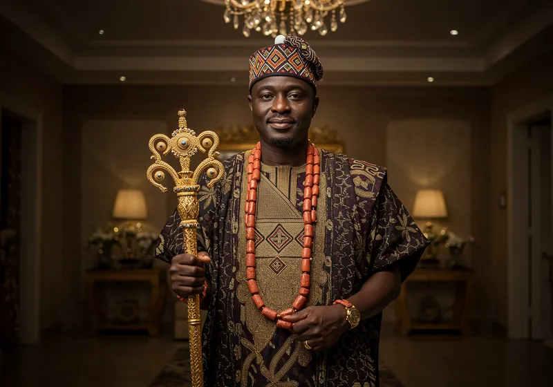Rich Igbo Man in Traditional Attire with Golden Staff