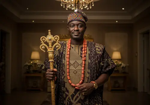 Rich Igbo Man in Traditional Attire with Golden Staff