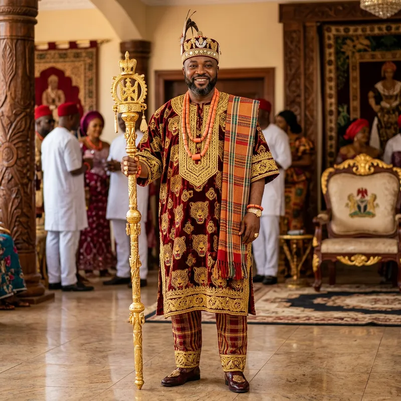 Rich Igbo Man in Traditional Attire with Golden Staff