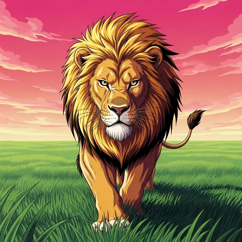 80s Anime Lion in a Field Illustration