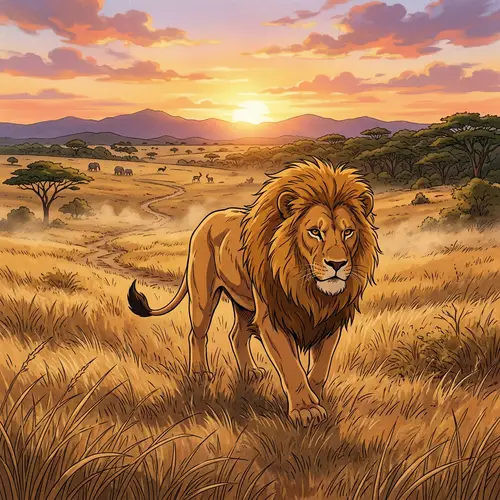 80s Anime Lion in a Field Illustration