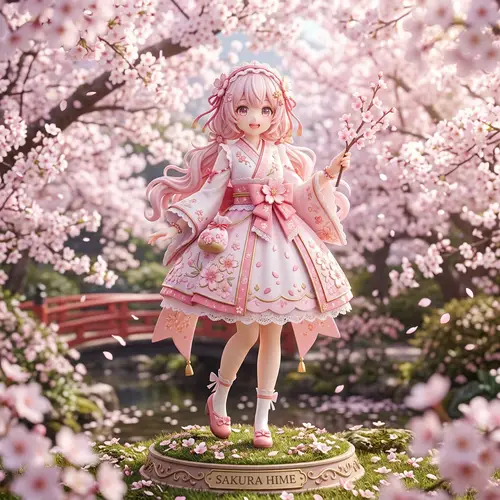 Japanese Anime Inspired Cute 3D Character with Sakura Symbolism