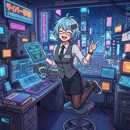 Endearing 3D Anime Tax Accountant | Cyberpunk-Inspired Office