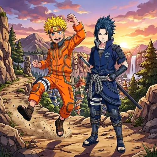 Anime-Style Characters in Orange and Blue Costumes