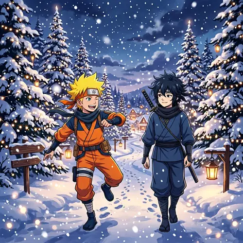 Young Ninja Characters in Enchanting Winter Landscape