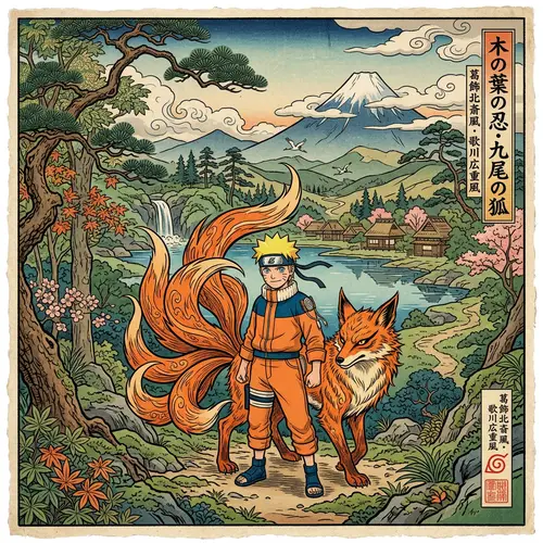 Ukiyo-E Inspired Scene: Boy with Fox Spirit in Serene Forest