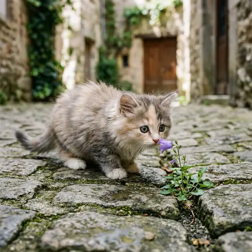 Adorable Kitten Exploring Cobblestone with Vibrant Flower
