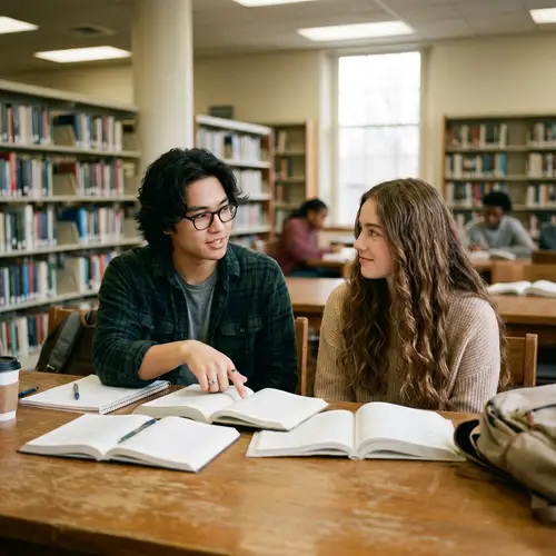Boy with Glasses Explaining in Library