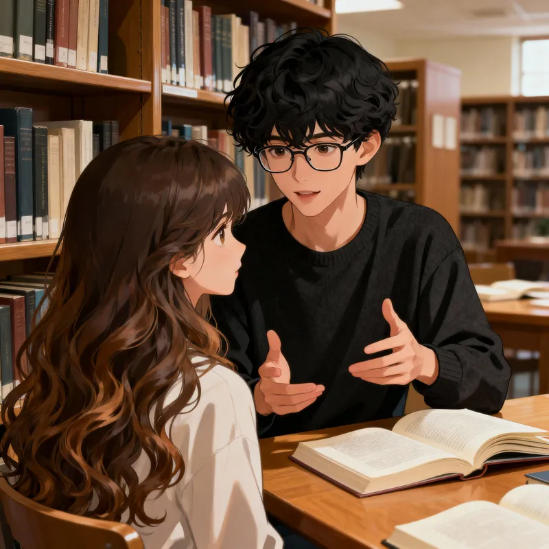 Boy with Glasses Explaining in Library