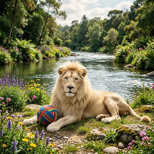 White Lion Playfully Lounging by Riverbank | Peaceful Serenity