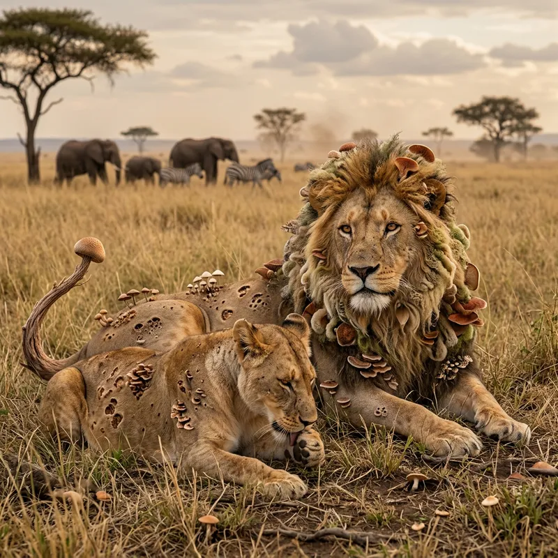 Lions and Mushrooms: A Unique Wildlife Fusion Lions and Mushrooms: A Unique Wildlife Fusion