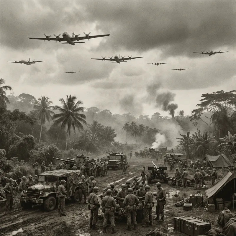 Intense Aerial Conflict: B-52s Over Jungle Terrain