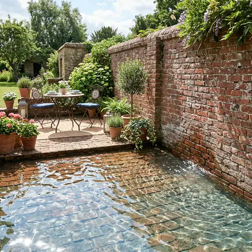 Captivating Patio Design with Rising Water on Rustic Brickwork