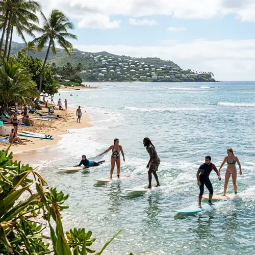 Idyllic Beach Scene with Surfers, Palm Trees and Ocean View
