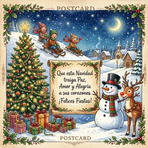 Festive Christmas Scene with Snowman, Reindeer & Peaceful Prayer