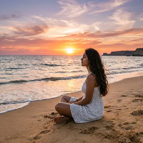 Beautiful Hispanic Girl Watching Sunset on Calm Sea