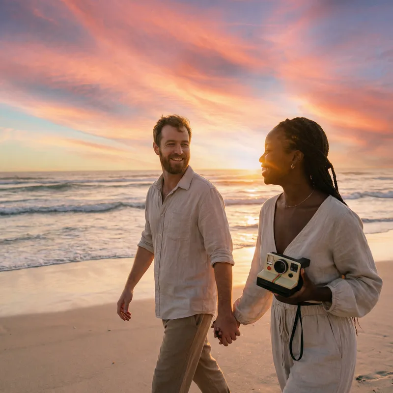 Interracial Couple's Romantic Beach Sunset Love Stroll
