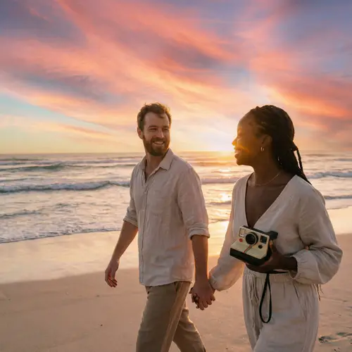 Romantic Beach Sunset with Interracial Couple: Blissful Love Captured