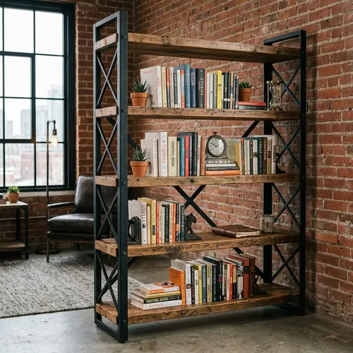 Industrial-Style Metal and Wood Bookshelf