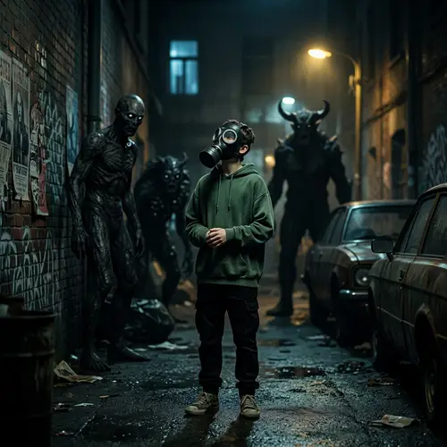 Cinematic Horror: Boy in Gas Mask Among Monsters