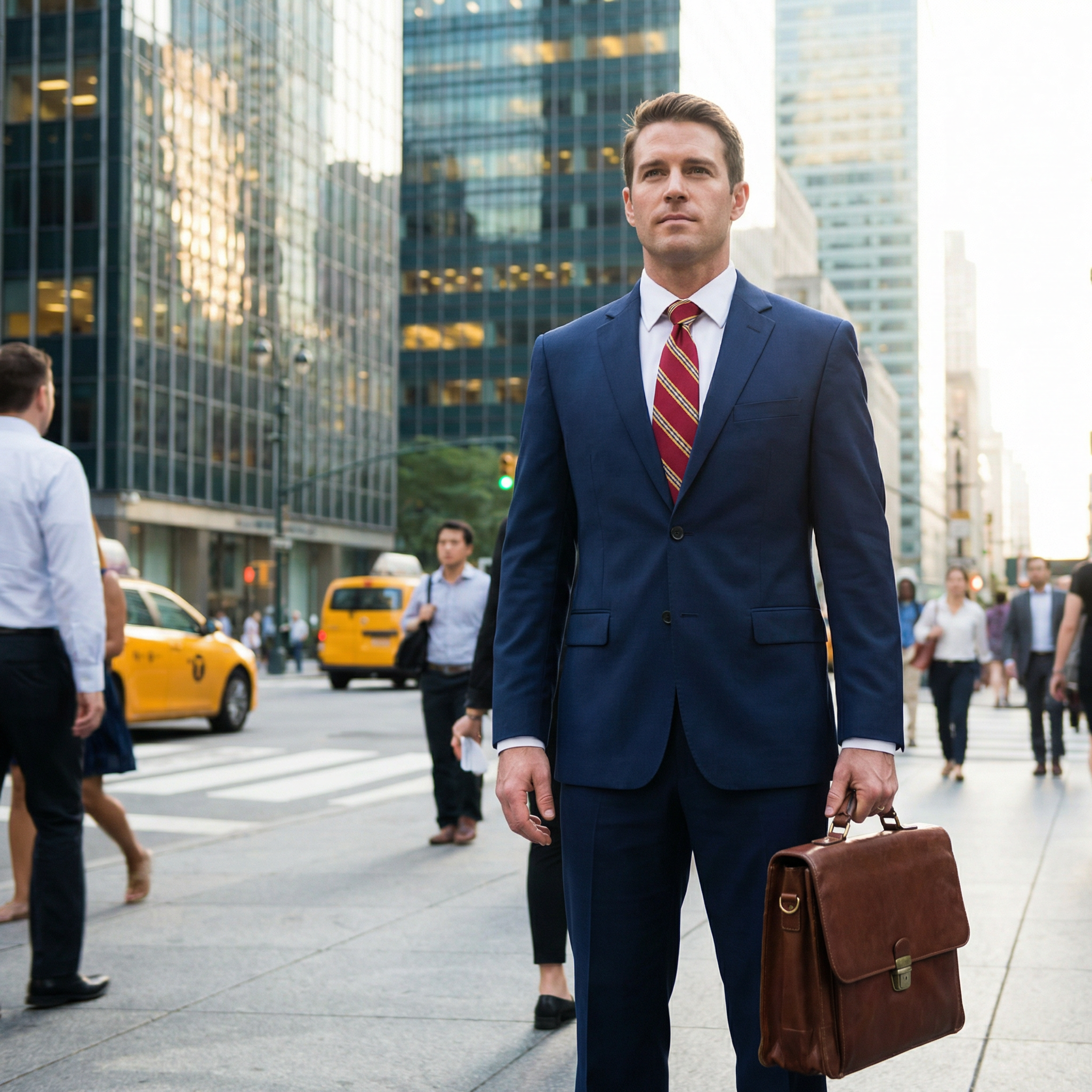 Confident Caucasian Businessman in Navy Blue Suit | Downtown