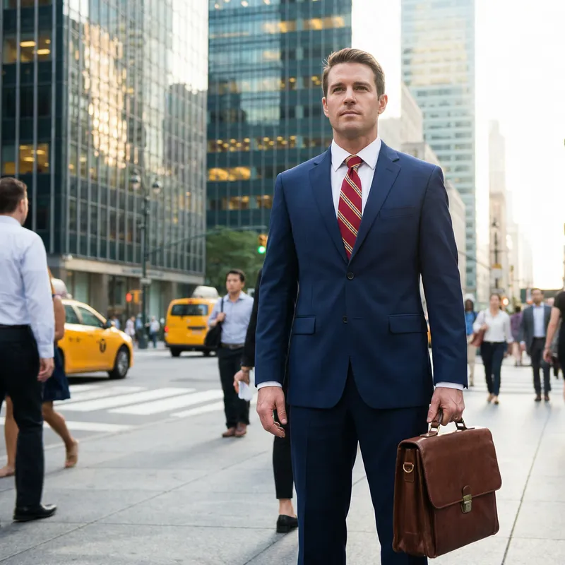 Confident Caucasian Businessman in Navy Blue Suit | Downtown Setting Confident Caucasian Businessman in Navy Blue Suit | Downtown Setting