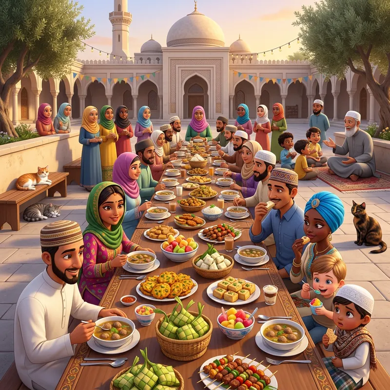 Multi-Cultural Community Feast Outside Mosque with Diverse Individuals Multi-Cultural Community Feast Outside Mosque with Diverse Individuals
