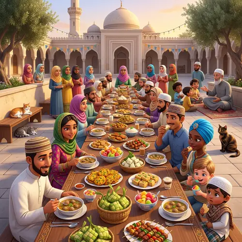 Festive Communal Meal Animation Outside Mosque