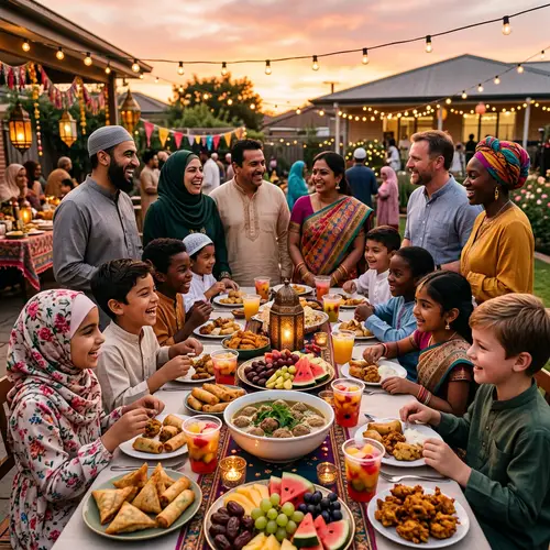 Lively Iftar Scene with Diverse Attendees and Delicious Foods