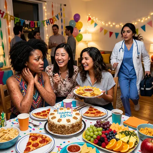 Vibrant Birthday Party with Walnut Cake, Pizza, Fruit & Drama