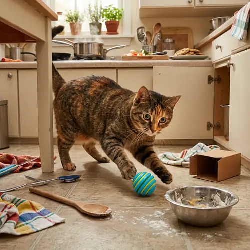 Playful Cat Playing Football in Kitchen