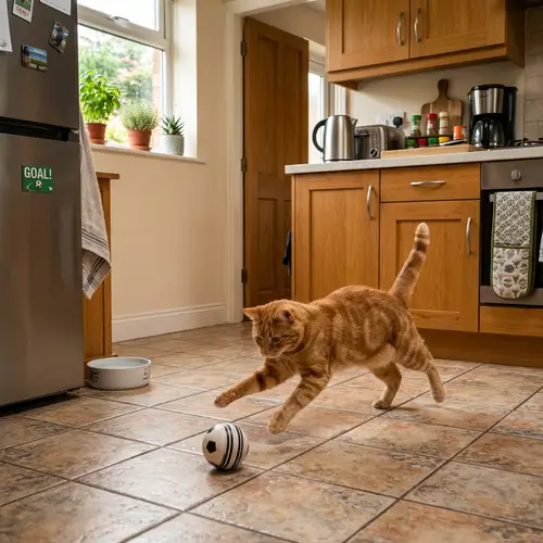 Domestic Cat Playing Football in Vibrant Kitchen Scene