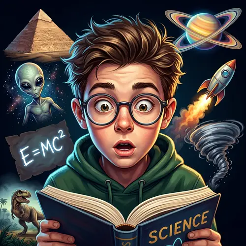 Ultra-Detailed Illustration: Surprised Boy with Science Book