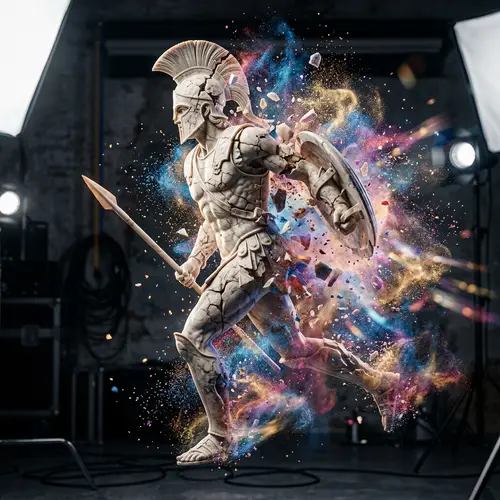 Detailed Side View of Shattering Achilles Marble Sculpture