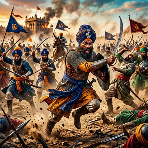 Intense Sikh Warriors Battle: Vibrant Colors, High-Speed Action