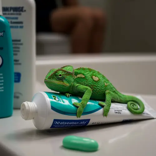 Chameleon Hidden in Toothpaste – Unique Bathroom Scene