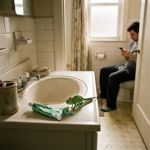 Chameleon Hidden in Toothpaste – Unique Bathroom Scene